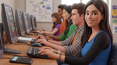 Students working at computers in an Educe classroom
